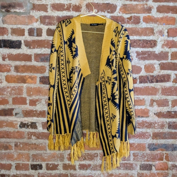 Blu Pepper Large‎ Yellow & Blue Aztec Open Front Cardigan Sweater w/ Fringe - Picture 1 of 9